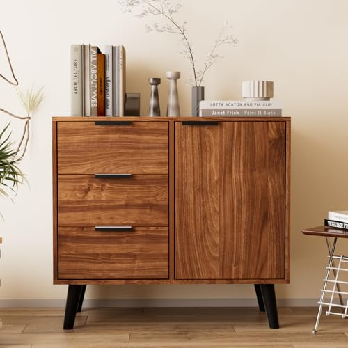 Msutree Sideboard Buffetschrank mit 3 Schubladen und 1 Türen, Küchen Kommode mit verstellbare Einlegeböden, Vorratsschrank fürs Wohnzimmer, Esszimmer & Flur, Holzoptik 80x35x74cm (Eine Tür (80cmB))