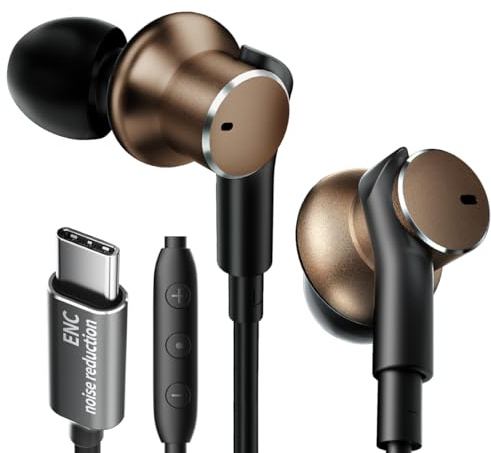 jechan Dynamic Balanced Deep Bass in-Ear Headphones -Noise Cancelling Wired Earbuds with Dual-Driver Bass Boost Ear Bud Noise Isolation-Clear Call and High-Resolution Audio,Noise Cancellation (USB C)