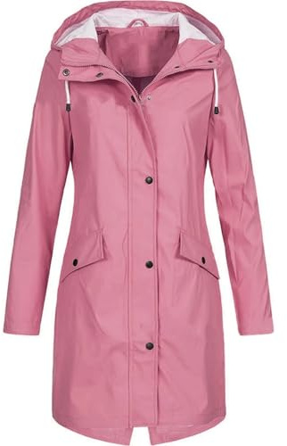 BOJHGO Dam solitt regn utomhus plusstorlek regnrock med huva vindtät lång jacka kappa Roupas Softshelljackor, Rosa, XL