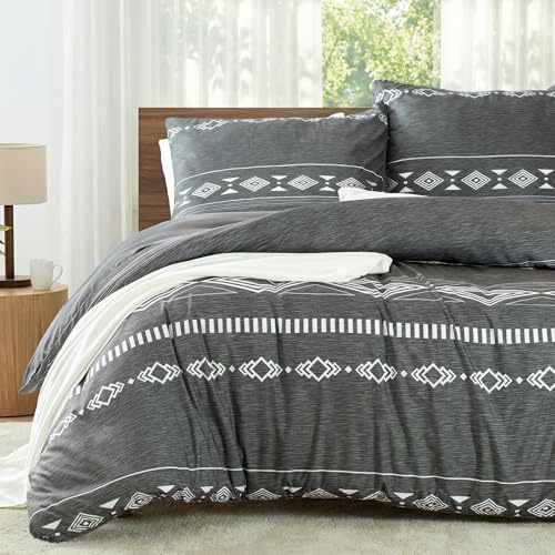 Whale Flotilla Juego de Funda Nórdica Cama 150 3 Piezas, Microfibra Funda Nórdica 220x240 cm y 2 Funda de Almohada 80x80 cm, con Cremallera, Rayas y Estampado Geométrico, Gris