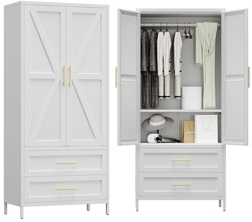 Aobabo Metal Wardrobe Cabinet with 2 Drawer, 71 H Metal Armoire Wardrobe Closet with Adjustable Shelf and Hanging Rod for Home, Laundry Room, Office, Installation Required, White