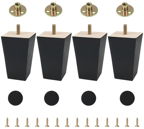 10cm Sofa Legs Set of 4 Wooden Furniture Legs 4inch Black Chair Legs | Table Legs Replacement Furniture Feet M8 Screw in Settee Legs with Mounting Plate Screw Non-Slip Mat for Bed Couch TV Cabinet
