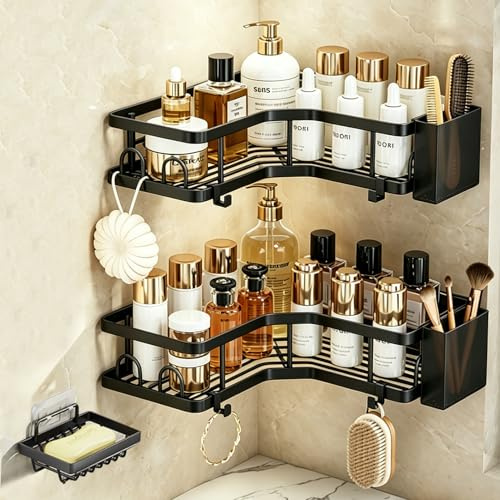 Ousinby Corner Shower Caddy 3 Pack, Shower Shelves Bathroom Storage with Soap Holder, Self Adhesive No Drilling Wall Mounted Shower Shelf Organiser for Bathroom, Kitchen & Laundry