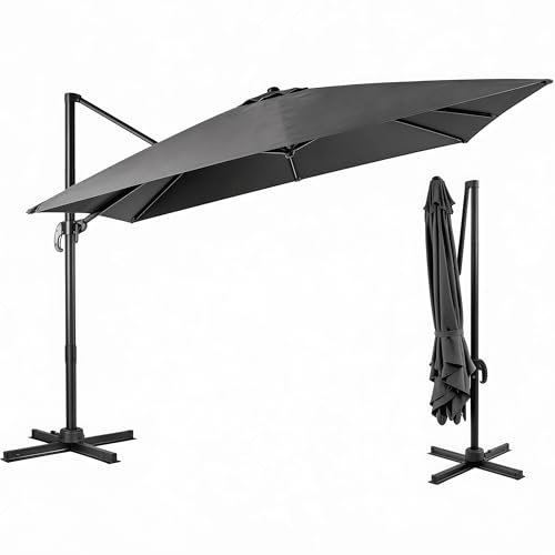 TANGZON 3M Cantilever Garden Parasol, Heavy Duty Offset Patio Umbrella with Crank Handle, Cross Base & 360° Rotation, Outdoor Square Hanging Sun Shade Umbrella, Beige