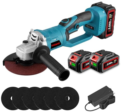 ONEVAN Smerigliatrice angolare a batteria, 125 mm, girevole a 180°, 3 marce, 0-18000 giri/min, smerigliatrice angolare senza spazzole, velocità regolabile con 2 batterie da 3000 mAh, caricabatterie, 6