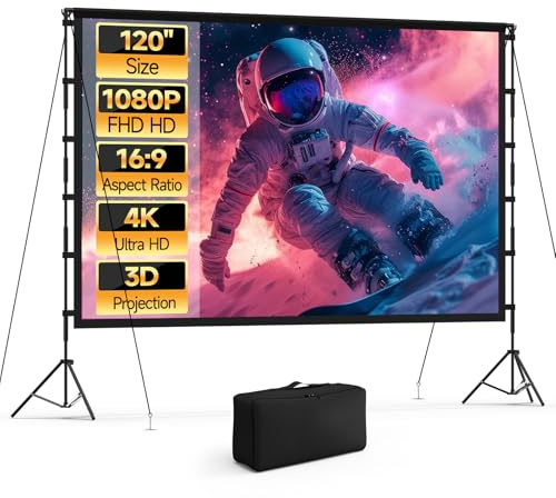 120 inch Projector Screen 16:9 4K HD Winkle-Free | Portable Foldable Design with Stand and Carry Bag for Indoor Home Theater ,School Presentations & Office Meetings