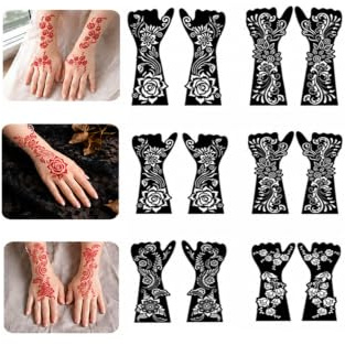 Tillfällig henna tatuering stenciler kit 6 stycken henna tatuering stenciler set hand indisk arabisk tatuering klistermärken för kvinnor flickor tonåringar för ansikte finger party kropp konst