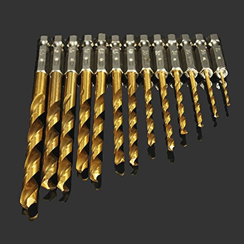 Origlam 13PCS Titanium drill bit set, 1/10,2 cm, codolo esagonale micro punta elicoidale per trapano, 1.5 – 6.5 mm rivestito in titanio acciaio