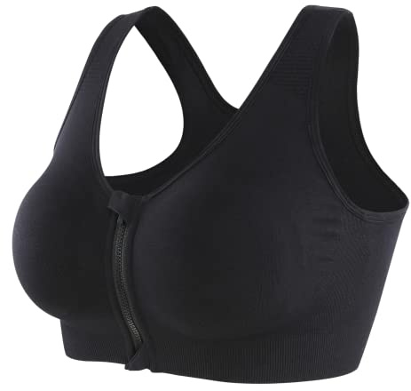 CLOUSPO Sports Bra Post Surgery Bra Zip Front Wireless with Removable Pads Yoga Bra for Workout Fitness(M,Black)