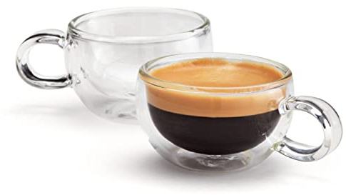 Judge Form Set of 2 Espresso Glass Coffee Cups with Handle, Hollow Vacuum Sealed, Hand Made, Heat Resistant, 75ml Espresso Cup