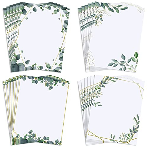 Teling 48 Sheets Decorative Printer Paper Writing Scrapbook Wedding Program Paper 8.27 x 10.6 Inches Greenery Flower Border Writing for Drawing Office Thank Greeting Stationery Supplies(Eucalyptus)