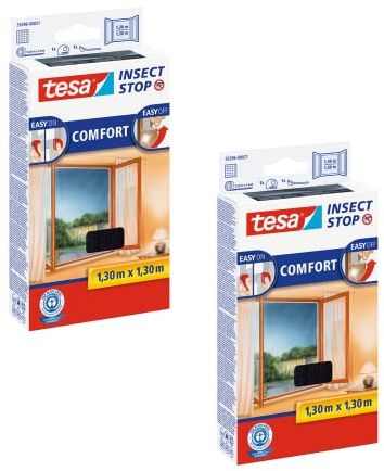 tesa Insect Stop Comfort Fliegengitter für Fenster im 2er Pack - Insektenschutz mit Klettband selbstklebend - Fliegen Netz ohne Bohren - anthrazit (durchsichtig), 2X 130 cm x 130 cm