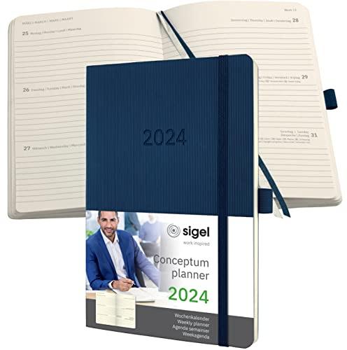 SIGEL C2432 Terminplaner Wochenkalender 2024, ca. A5, dunkelblau, Softcover, 192 Seiten, Gummiband, Stiftschlaufe, Archivtasche, PEFC-zertifiziert, Conceptum