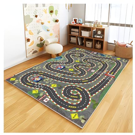 Kids Rug Car Rugs for Kids Toy Cars Play Mat City Life Road Rug for Cars Fun City Map for Carpet for Bedroom Boys (Wilderness Speed, 31 * 47 inches)
