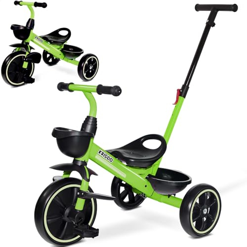 KRIDDO 2-in-1 Triciclo per Bambini da 18 Mesi a 5 Anni, Maniglione Estensibile per una Spinta Senza Sforzo, Triciclo Regalo per Bambini da 3 a 5 Anni con Pedana Frontale Pieghevole, Verde