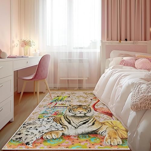 Neuer waschbarer Wohnzimmerteppich, rutschfeste Akzentteppiche, Schlafzimmer-Esszimmer-Flurteppich, weicher Kurzflorteppich, moderner Flora- und Fauna-Tigerdruck, Gelb-Rosa, 120 x 170 cm Learned