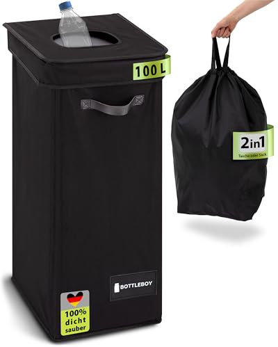 BOTTLEBOY Pfandflaschen Sammelbehälter - inkl. XXL-Tasche 100 L - Geruchsdichter Flaschensammler Leergut - Extra schmaler Pfandflaschen Behälter - Premium Magnet Pfandbehälter (Schwarz)
