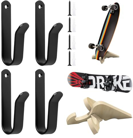Lvjkes 4+1 Stück Skateboard Halterung, Skihalterung Wand, Hölzerne skihalterung und Eisen Skateboard wandhalterung, Starke tragende Kapazität, Platz sparen, Für tragbare Speicherung und Anzeige