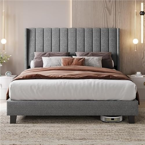 Yaheetech Cama tapizada 160 x 200 cm Cabecero a Rayas con Alas Láminas de Madera y Metal Cama Matrimonial Color Gris Claro