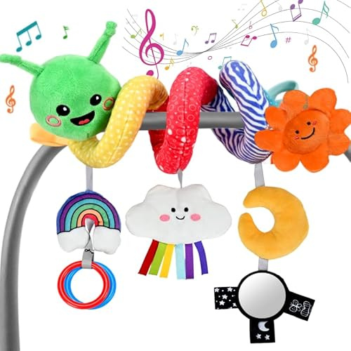Giocattoli Musicali Appesi Peluche per Neonati, Sensoriali 0-12 Mesi, Nuvola con Scatola Musicale a Tocco (30 Suoni), Lavabile, Sole/Arcobaleno/Luna/Specchio, Regalo per Passeggini/Sedili Auto/Lettini