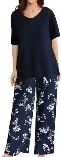 Generico Completo Pigiama Donna Due Pezzi Maglietta Pantaloni Larga Gamba Abbigliamento Casa Primavera Estate (Navy, XXXXXXL)