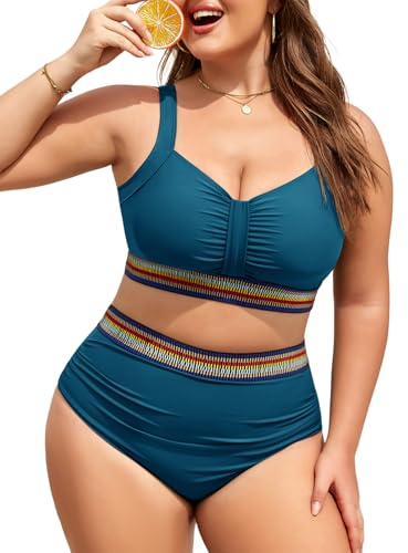 FemiChic Maillot de Bain Femme 2 Pièces Grande Taille Gainant Taille Haute Bikini Push Up à Rembourré Réglables Design Croisé avec Bas Ruché et Soutien Ventre Plat