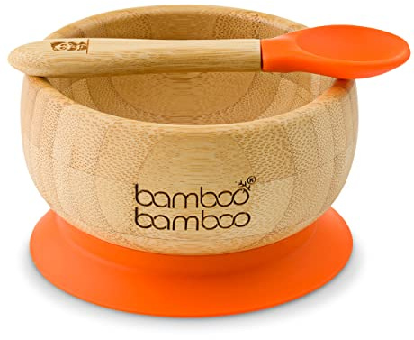 bamboo bamboo ® Set med babyskålar med sugfunktion och sked, 350 ml, orange – avtagbar sugbotten – BPA-fri avvänjningsskål i naturlig bambu för matning utan spill