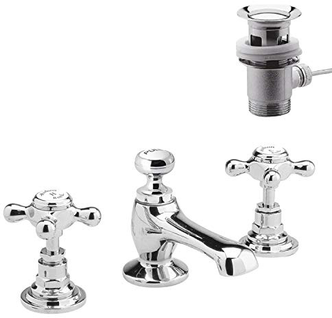Hudson Reed Old London BC307HX Topaz | Traditional Bathroom 3 Hole Basin Mixer Taps with Crosshead Handles and Hexagonal Collars with Pop-Up Waste, 94mm x 246mm, Chrome/White, 3TH, Set of 3 Pieces