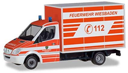 Herpa 094511 – Mercedes Benz Sprinter „Feuerwehr Wiesbaden“, Koffer Modell Auto, Modellsammlung, Miniaturmodelle, Kleinmodell, Sammlerstück, Detailgetreu, Kunststoff, Mehrfarbig - Maßstab 1:87