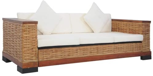 vidaXL Sofa 3-Sitzer mit Auflagen Couch Rattansofa Loungesofa Sitzmöbel Wohnzimmersofa Rattanmöbel Designsofa Korbsofa Braun Natur Rattan