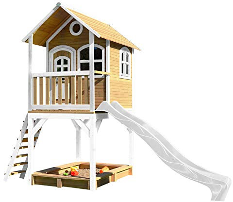 AXI Sarah Playhouse, Playhouse for Kids Outdoor, sandpit & white slide | Playhouse for the garden/outdoor in brown & white from FSC wood | Playhouse for Kids Outdoor