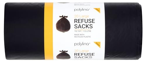 Polylina 20 Tie Top Large Tough Durable Heavy Duty Bin Bags Refuse Sacks, Recycled Plastic, Black, 110 Litre