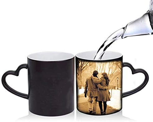 xcdsf Mug Magique Personnalisé avec Photo，Tasse Magique en Céramique Sensible à la Chaleur Change Couleur Coupe à Café (Poignée en forme de coeur)