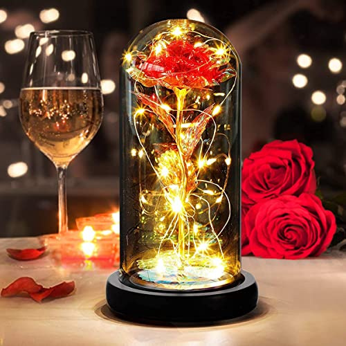 DASIAUTOEM Rose Eternelle sous Cloche, Fete des Meres,La Belle et la Bête Rose Eternelle, Rose Galaxy Dôme en Verre Fleur Artificielle avec LED Lumières Cadeau pour Maman Femme Anniversaire Décoration