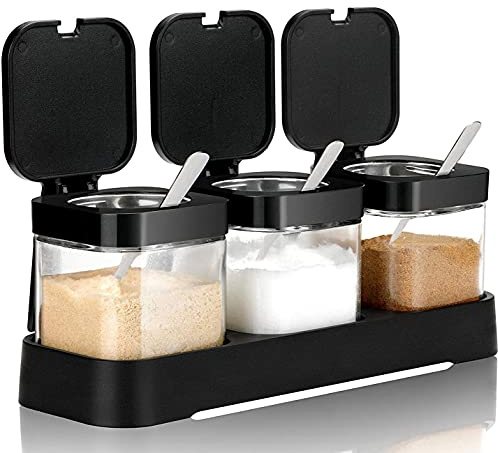 PENGQIMM Condiment Jar Spice Container with Lids and Spoons,Clear Seasoning Box, 3 Pieces Clear Seasoning Storage Container for Spice Salt Sugar Cruet, Condiment Jars with Spoons for Kitchen