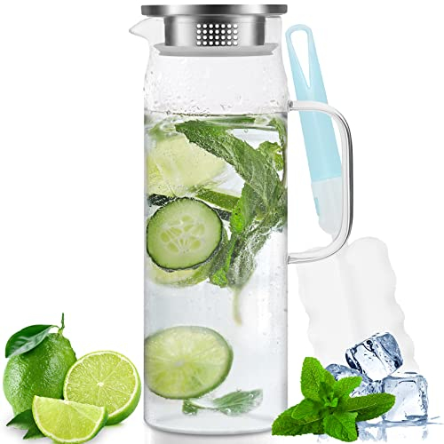 Jarra de vidrio - Capacidad 1,5 litros - Jarra de vidrio con tapa hermética - Ideal para el agua fría y caliente, para el café, la leche (incluye cepillo para tazas).