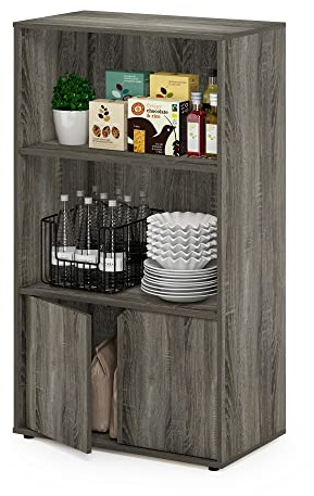 Furinno JAYA Pantry Organizers, 3-Tier Kitchen Cabinet, Coffee Bar, Kitchen Storage with Open Shelves and Closed Cabinet, for Pantry Organizers and Storage, French Oak Grey