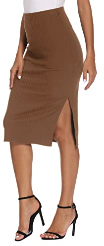 EXCHIC Damen Büro Hohe Taille Knielänge Stricken Bleistiftrock Elastische Bodycon Midi Rock mit Schlitz (XL, Braun)