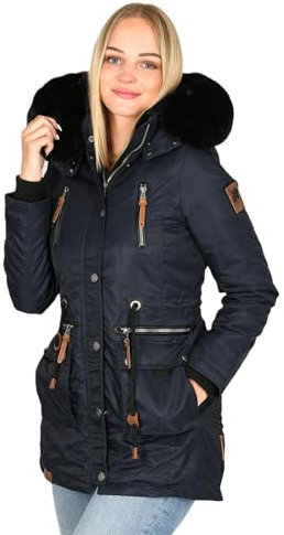 Navahoo Damen Mantel Winterjacke mit Teddyfell und Fellkragen B873 [B873 - Navy - Größe S - Gr. 36]