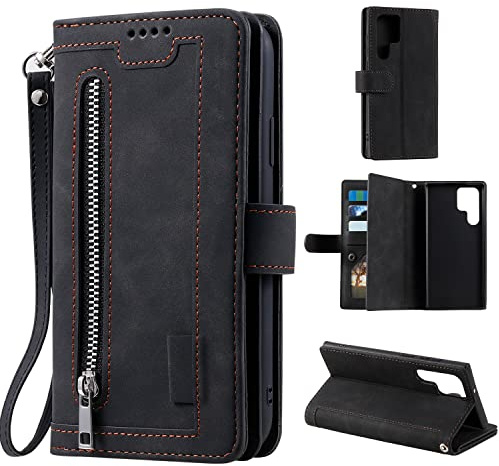 EYZUTAK Handyhülle für Samsung Galaxy S23 Ultra,Flip Case Lederhülle Reißverschluss Magnetverschluss Brieftasche mit 9 Kartenfächern Standfuntion Retro Matt Ledertasche-Schwarz