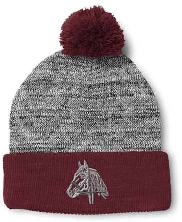 Pom Pom Beanies for Women Horse Riding Equestrian Embroidery Skull Cap Riding Farm and Domesticated Animals Winter Hats for Men Acrylic 1 Size Heather Gray Burgundy Design Only