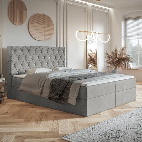 MOTIVENA Malta Boxspringbett 180x200 mit Bettkasten und Topper, Polsterbett 180x200 mit Bettkasten, Taschenfederkern-Matratze (H3), T28 Schaumstoff Topper (H3), mit Strass, Samt, Grau (Hellgrau)