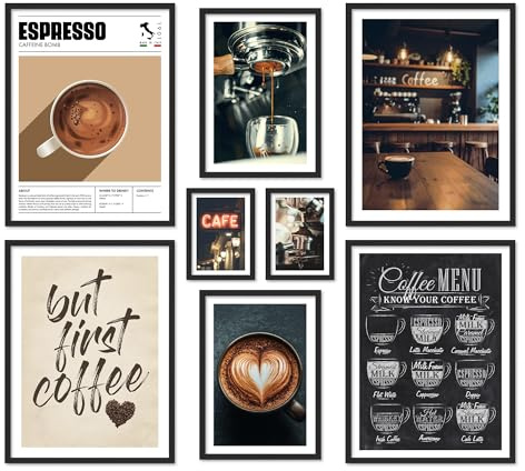 ARTFAVES® Poster Set - COFFEE LOVE - mehrteilige Wanddeko Wohnzimmer & Küche & Esszimmer - 8 moderne Wandbilder Kaffee Deko, Espresso, Coffee time - mit Rahmen Schwarz