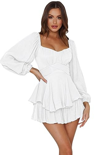 Piratenkost�m Damen, Schulterfreie Langarm Minikleid Piraten Kost�m Frauen Fasching Jumpsuit Kleid Hosenrock Kurz Piratenkleid Sommerkleid R�schenkleid Chiffon Shorts Overall Strandkleid Wei� S