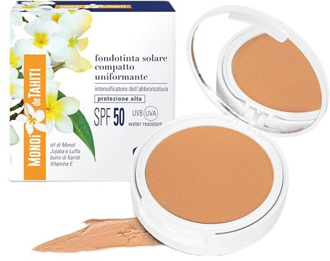 Helan Monoï de Tahiti - Fondotinta Compatto Intensifica Abbronzatura, Fondotinta Coprente con Protezione Solare 50+ Viso con Vitamina E Burro di Karitè Olio di Jojoba, Skincare Make Up Viso 2in1, 8 ml