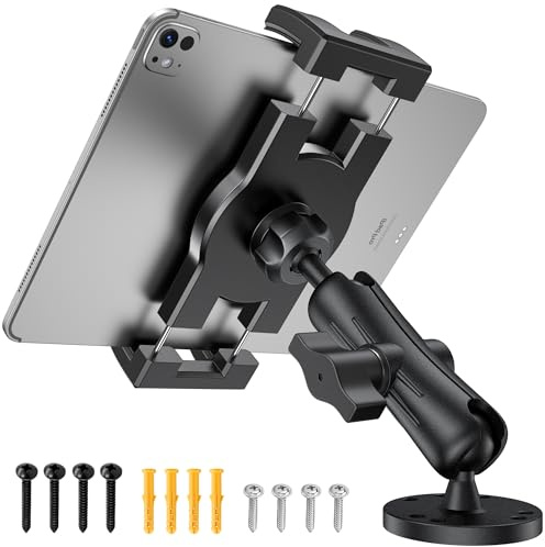 TeQable - Soporte para Tablet Industrial para Camiones y vehículos, Base de Taladro Resistente, Soporte para iPad de Coche, Brazo Ajustable de Aluminio, Compatible con Dispositivos de 4.7 a 12.9,