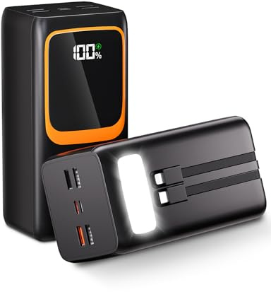 Batterie externe 50 000 mAh avec câble intégré : batterie externe de 22,5 W à charge rapide de grande capacité, chargeur portable avec lampe de poche LED et 7 sorties & 3 entrées 2 × 25000 mAh
