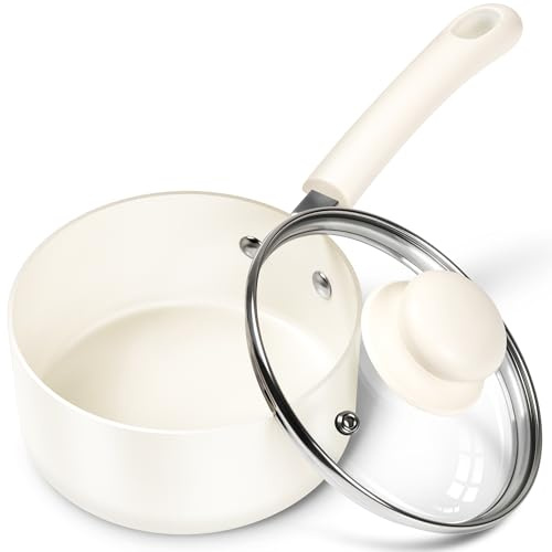 MICHELANGELO Sauce Pan With Lid, 1QT Ceramic Saucepans, Nonstick Saucepan, PFAS-FREE Pot, Small Pots For Cooking, Multipurpose Cooking Pots, White