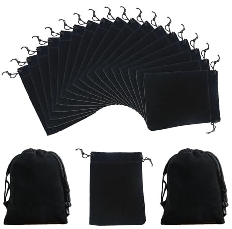 ASFWAGQ Polyester Samtbeute Schmuckbeutel mit Kordelzug 10 × 15cm schwarz weicher Samt Ohrringe Schmuck Säckchen Hochzeit Party Geschenksäckchen, Süßigkeiten Sack Weihnachtsgeschenke (20, Schwarz)