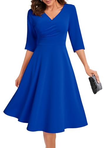 Bbonlinedress Cocktailklänning för kvinnor, bröllopsklänning, formell klänning, V-ringning, 3/4-ärmar, vintage, midiklänning, festklänning, Kungsblå, XL